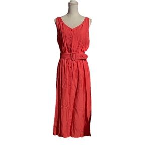 Vintage Sleeveless Coral Tea Length Dress button front belted Size 14